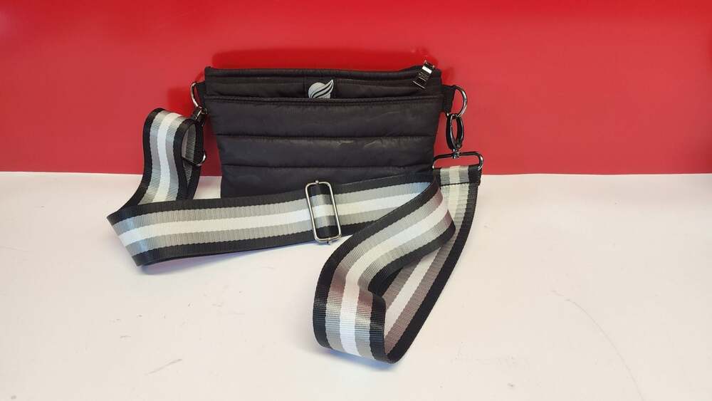 Think Royln Black Camo Puffer Crossbody Bag with Tricolor Strap